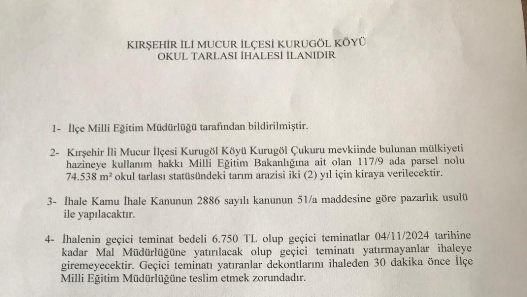 Kırşehir İli Mucur İlçesi Kurugöl Köyü Okul Tarlası İhale ilanı